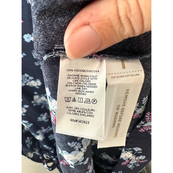 LOFT | Navy Blue Floral Midi Dress Puff Sleeve Belted V-Neck | Size 14 - Picture 7 of 7